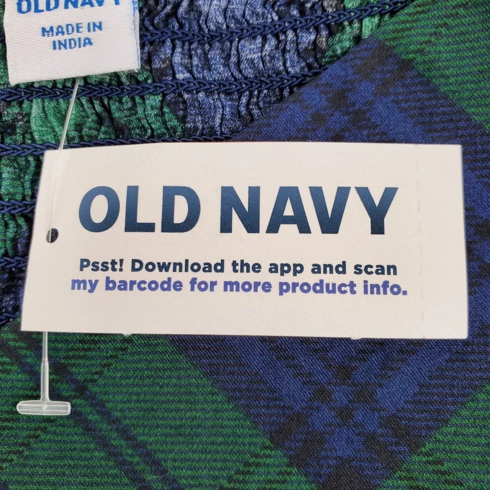 Old Navy Womens 4X Blue Green Plaid Puff Sleeve Peplum Smocked Top 100% Cotton